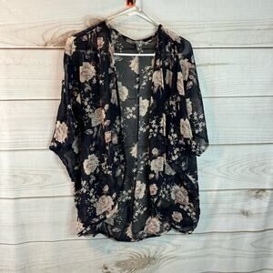 ElleCLO Black Floral Print Short Sleeve Sheer Cardigan Size Large